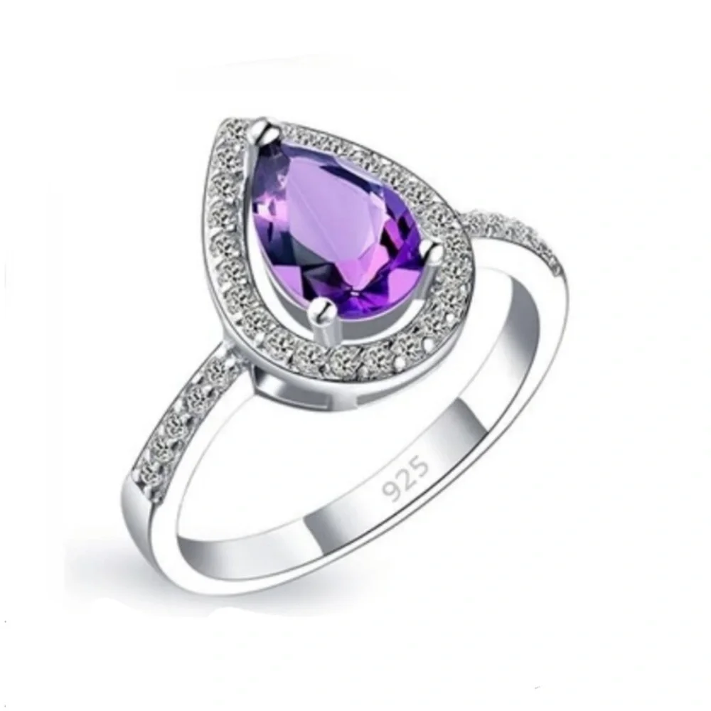 Swarovski Elements 925 Sterling Silver Amethyst Purple Teardrop Ring NEW